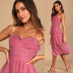 Lulus Sweetheart Style Mauve Pink Polka Dot Bustier Tiered Midi Dress